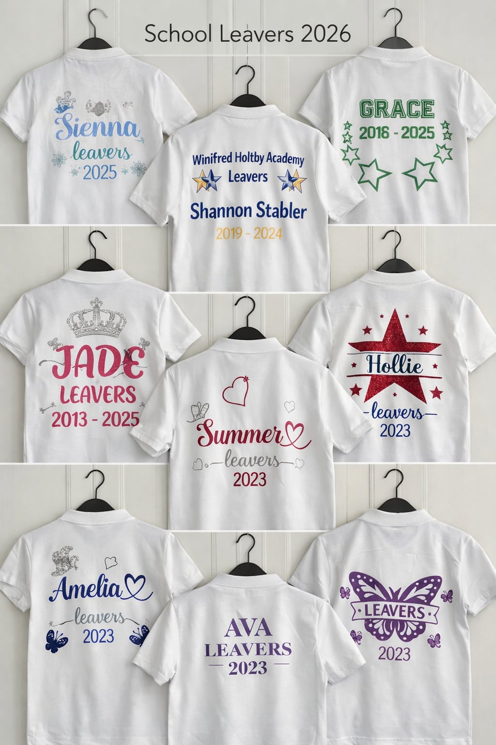 Personalised Leavers Tops – Bespoke Year 6 & Year 11 Designs | Custom School Names & Diamanté Options