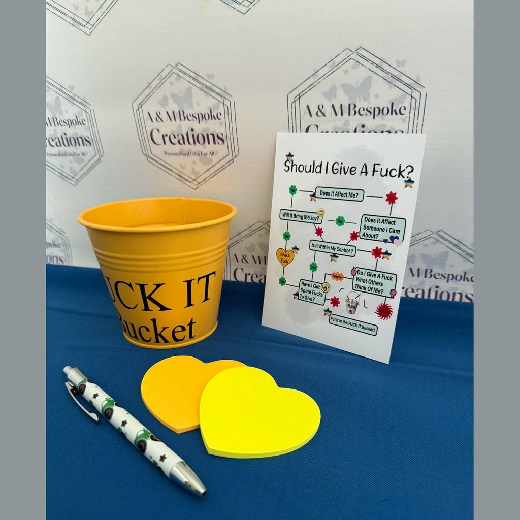 A hilarious “Fuck It Bucket” complete with a matching decision‑making flowchart. The perfect novelty gift for anyone who needs a laugh, a reset, or a place to put all the things they simply don’t give a f*ck about.