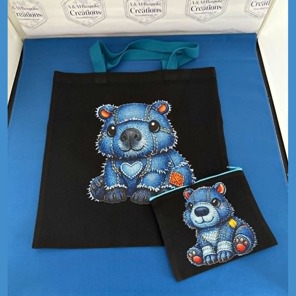 Black Tote Bag with Matching Inner Pouch – Denim Patchwork Capybara Design – Colour Handle Tote – Cute Gift Set