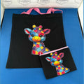 Black Tote Bag with Matching Inner Pouch – Colour Handle Tote – Patchwork Giraffe Embroidery – Cute Gift Set