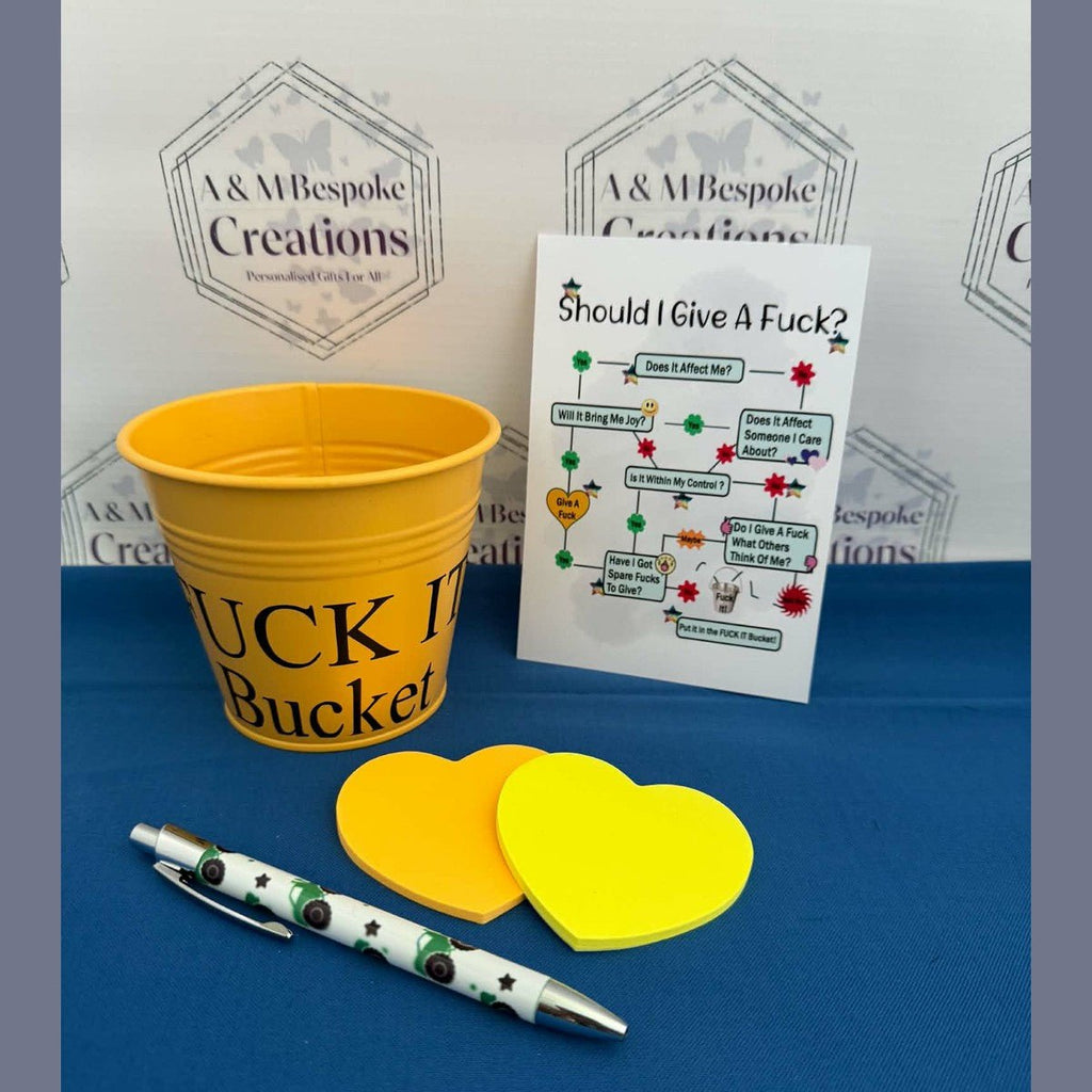 A hilarious “Fuck It Bucket” complete with a matching decision‑making flowchart. The perfect novelty gift for anyone who needs a laugh, a reset, or a place to put all the things they simply don’t give a f*ck about.