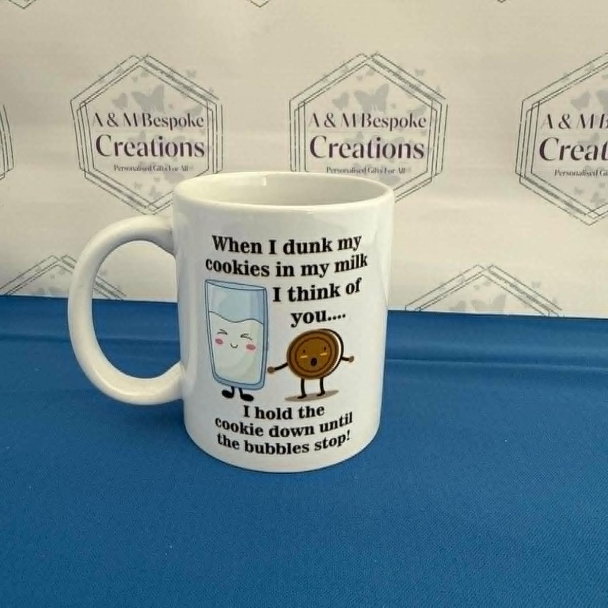 A cheeky adults‑only humour mug featuring a playful cookie and milk illustration with a dark twist. Perfect for grown‑ups who love a laugh and aren’t easily offended.