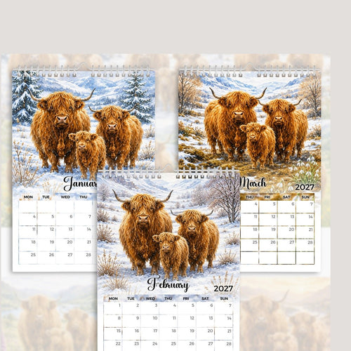 2027 Highland Cow Calendar | Seasonal Highland Cow Artwork | Rustic Farmhouse Gift
