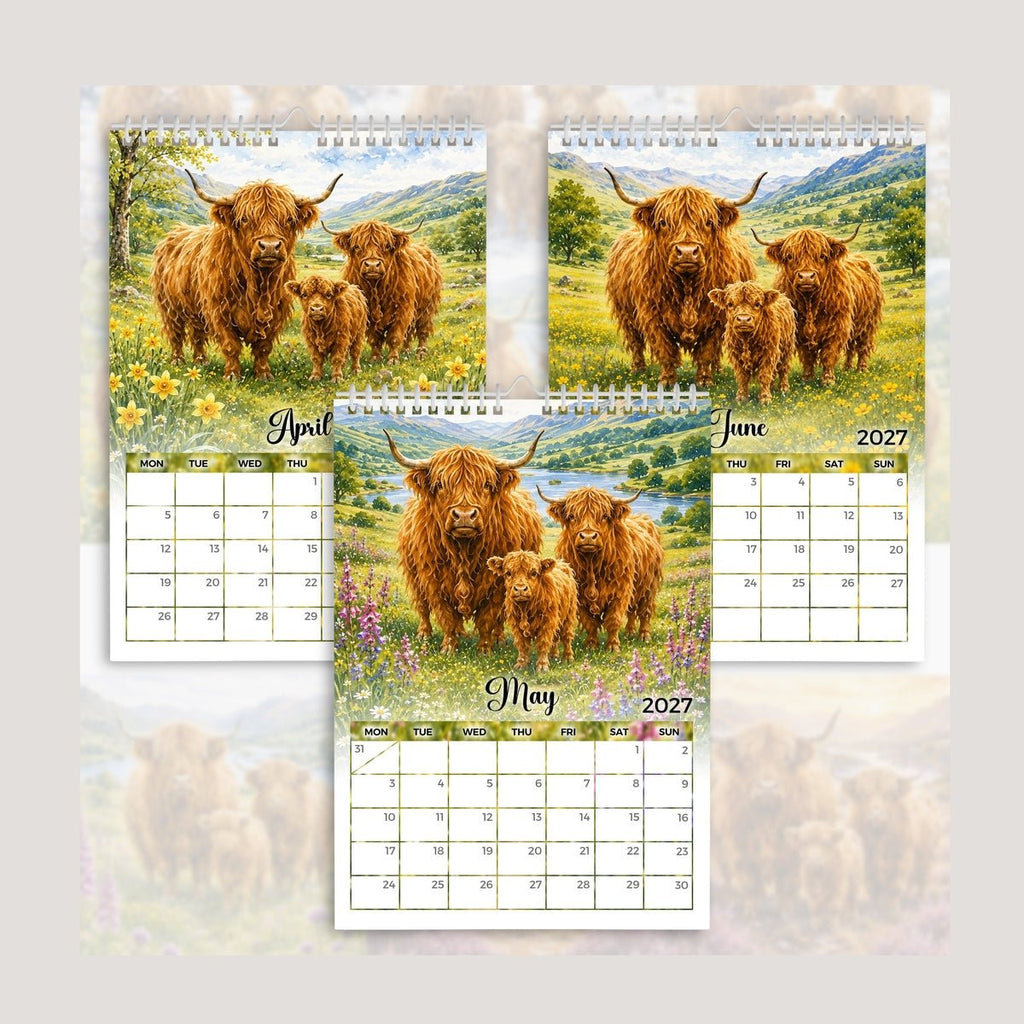 2027 Highland Cow Calendar | Seasonal Highland Cow Artwork | Rustic Farmhouse Gift