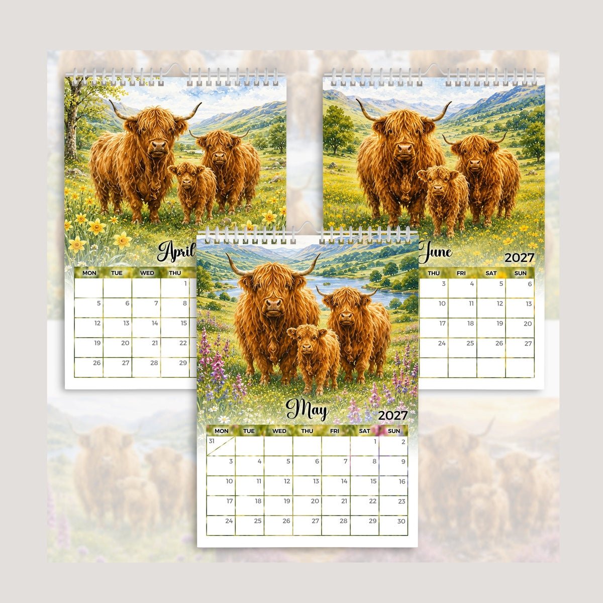 2027 Highland Cow Calendar | Seasonal Highland Cow Artwork | Rustic Farmhouse Gift
