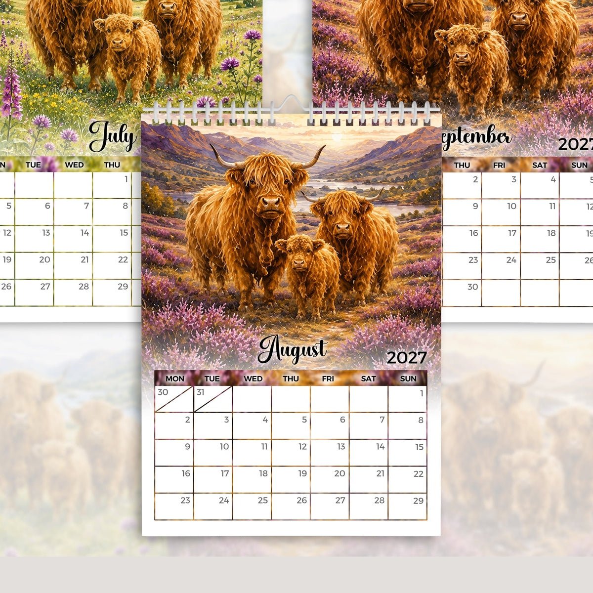 2027 Highland Cow Calendar | Seasonal Highland Cow Artwork | Rustic Farmhouse Gift