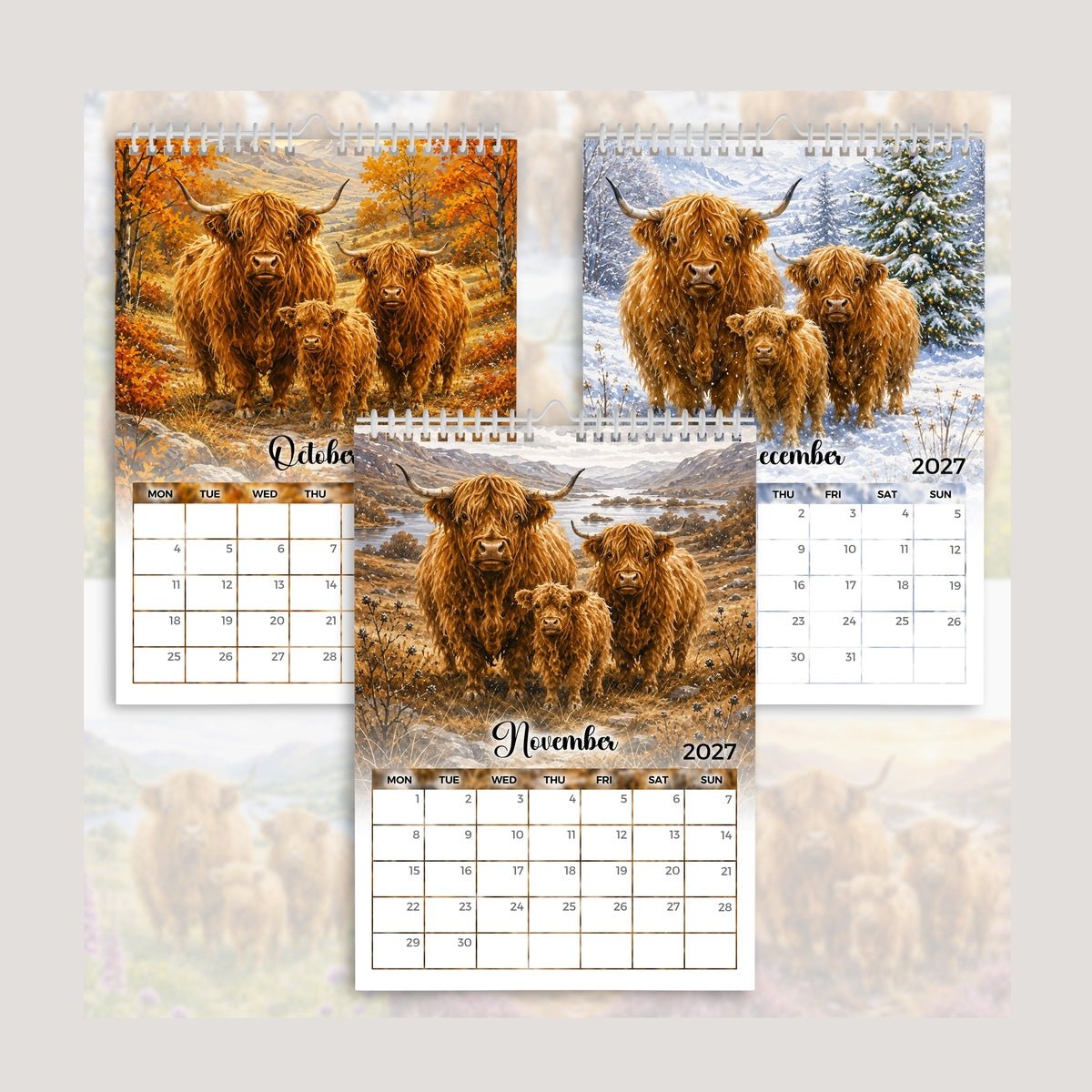 2027 Highland Cow Calendar | Seasonal Highland Cow Artwork | Rustic Farmhouse Gift