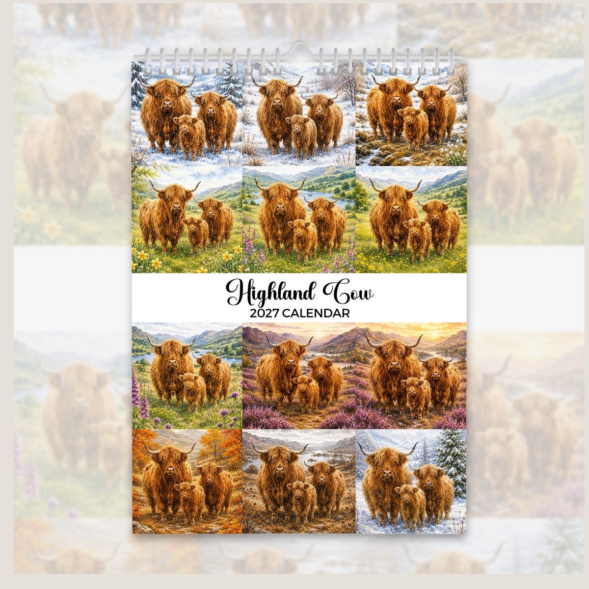 2027 Highland Cow Calendar | Seasonal Highland Cow Artwork | Rustic Farmhouse Gift