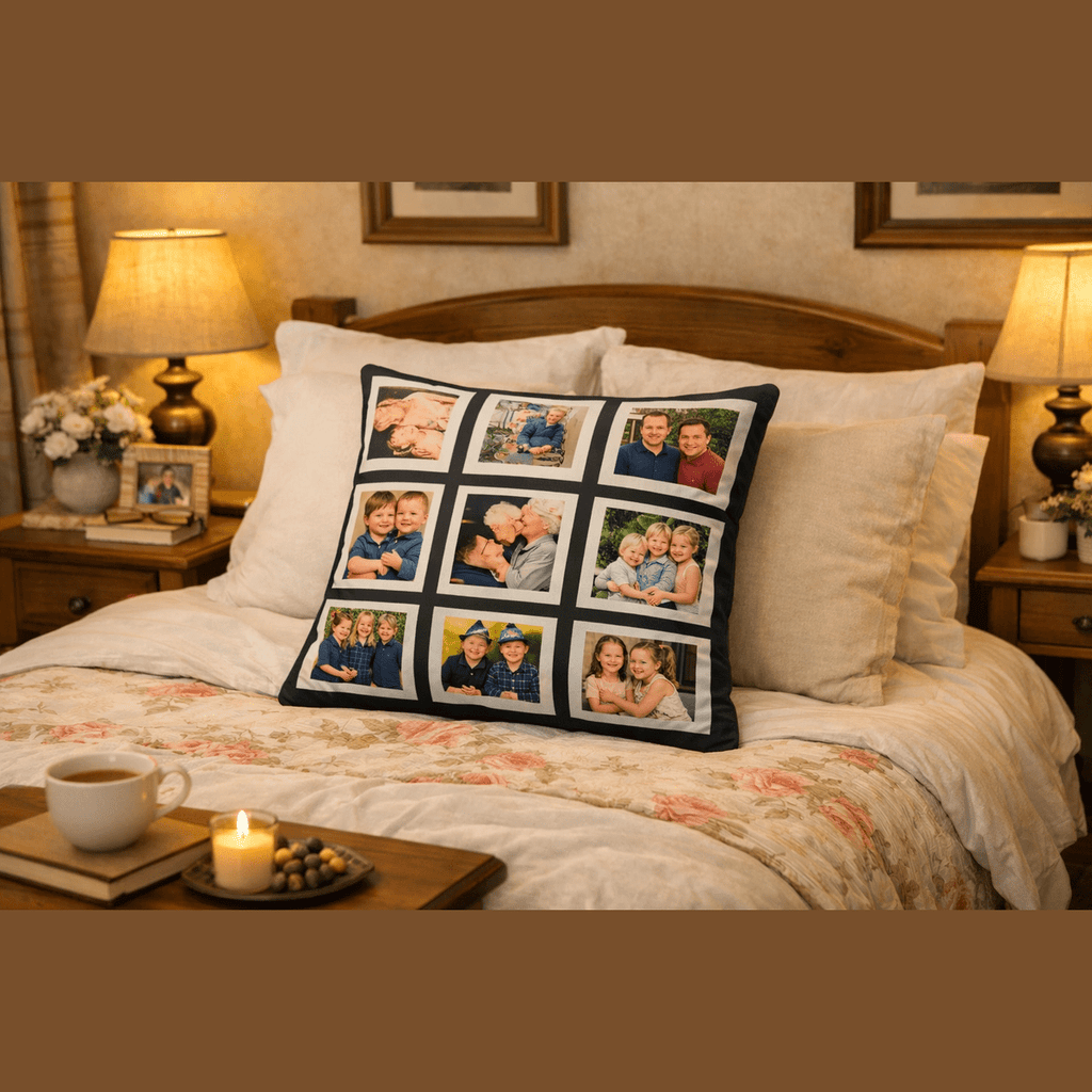 Personalised 9-Panel Photo Cushion – Custom Memory Gift, Handmade in Hull