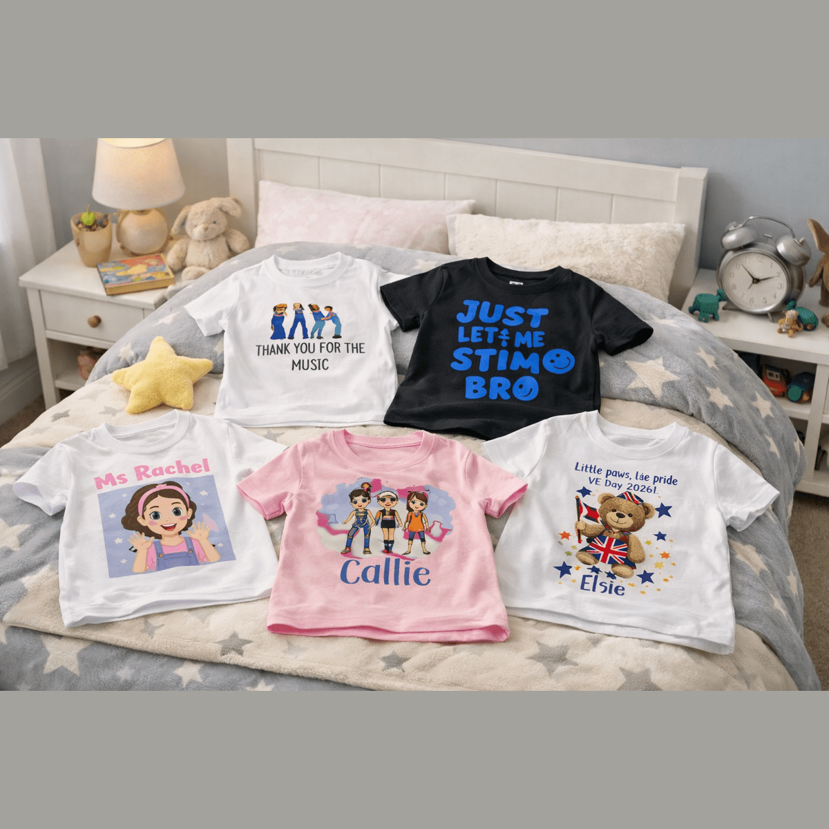 Create a fun personalised T‑shirt your little one will love. Add any name, character, theme or design — perfect for birthdays, school, clubs, or everyday wear.