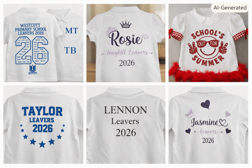 Personalised Leavers Tops – Bespoke Year 6 & Year 11 Designs | Custom School Names & Diamanté Options