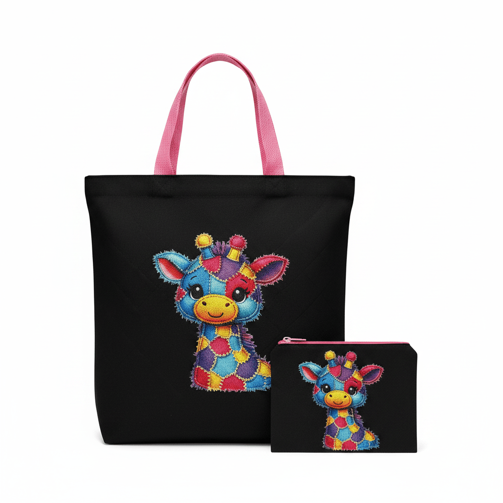 Black tote bag with pink handles and patchwork giraffe design with matching pouch on white background