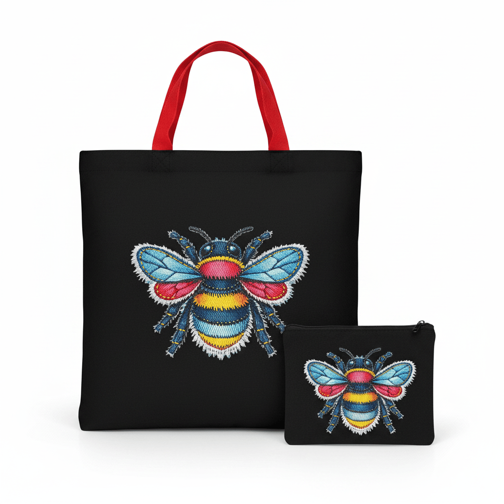 Black tote bag with red handles and vibrant patchwork bumblebee design with matching pouch on white background